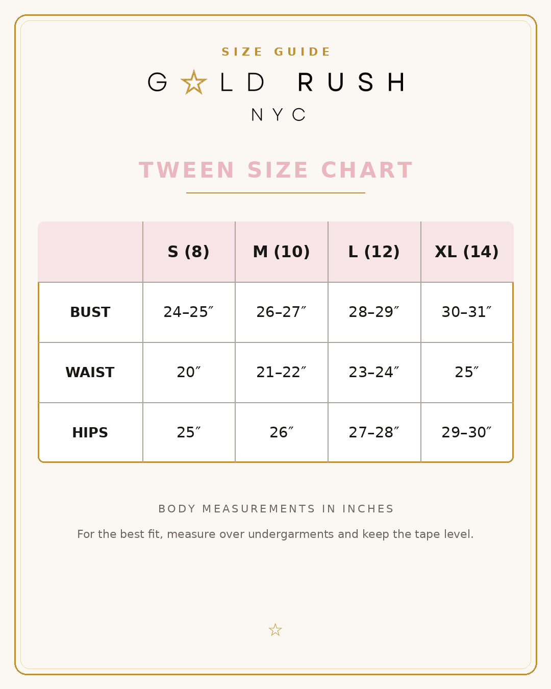 Gold Rush clothing size chart