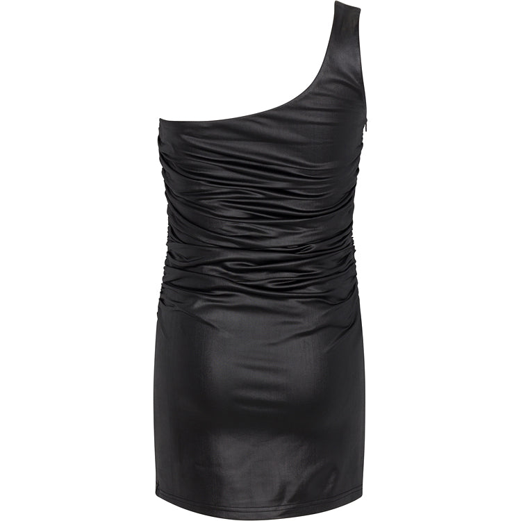 Black one-shoulder dress on a white background