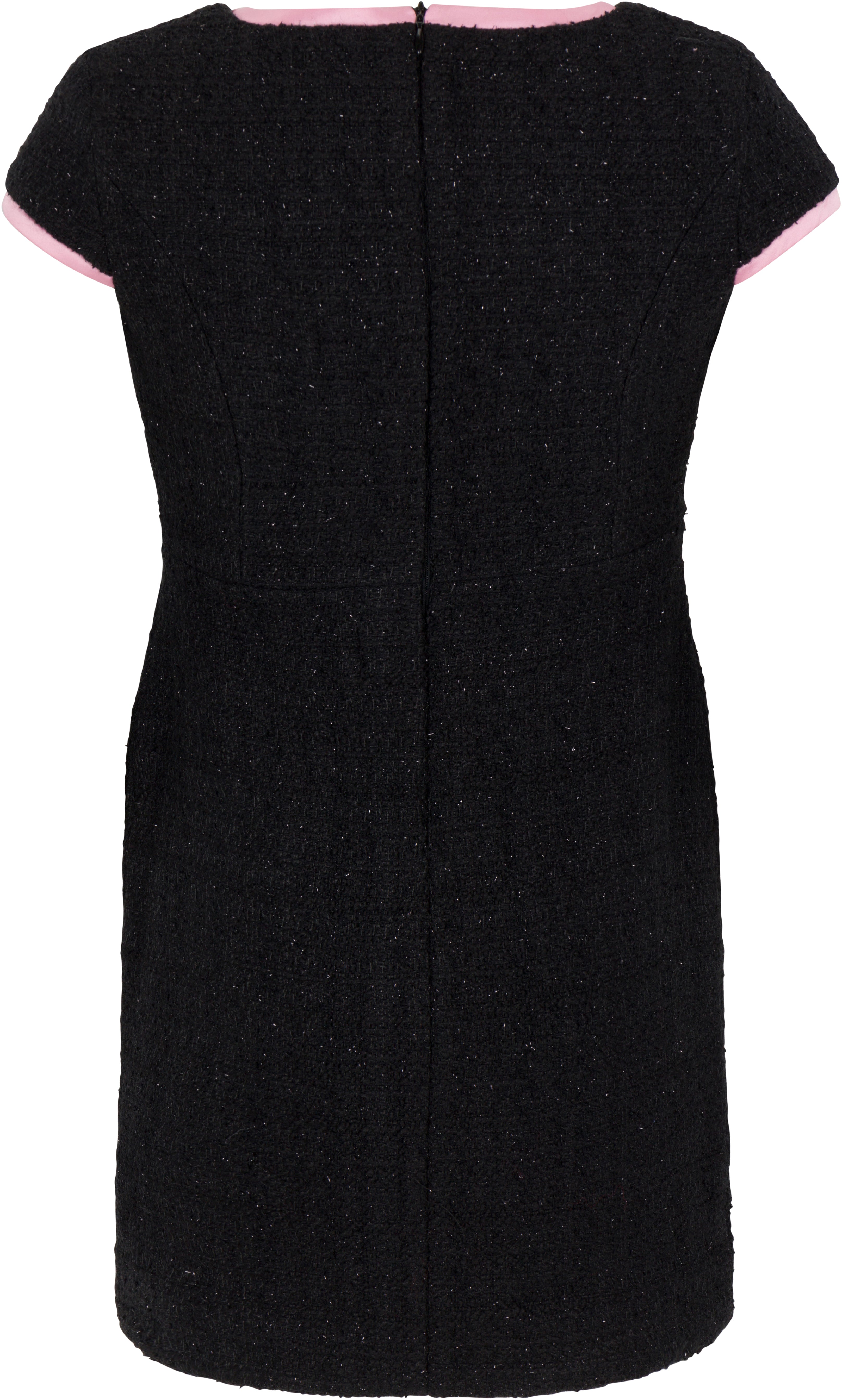 Black dress with pink trim on a white background