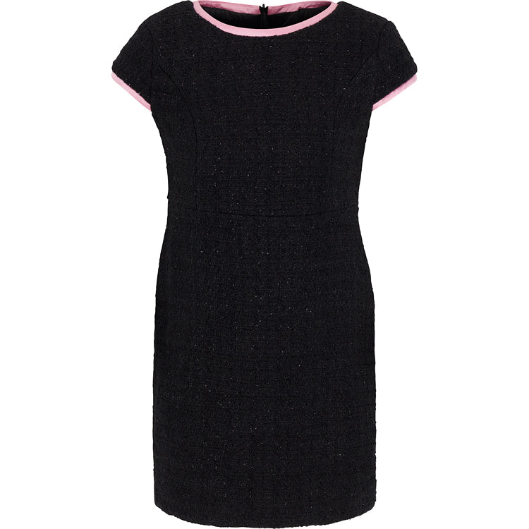 Black dress with pink trim on a white background