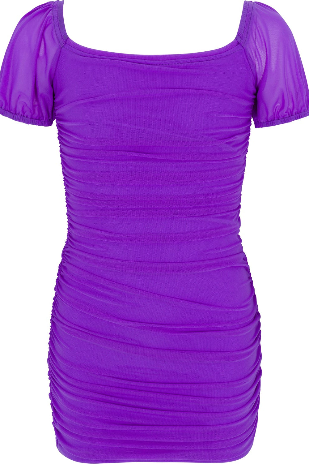 Purple dress with ruched design on a white background