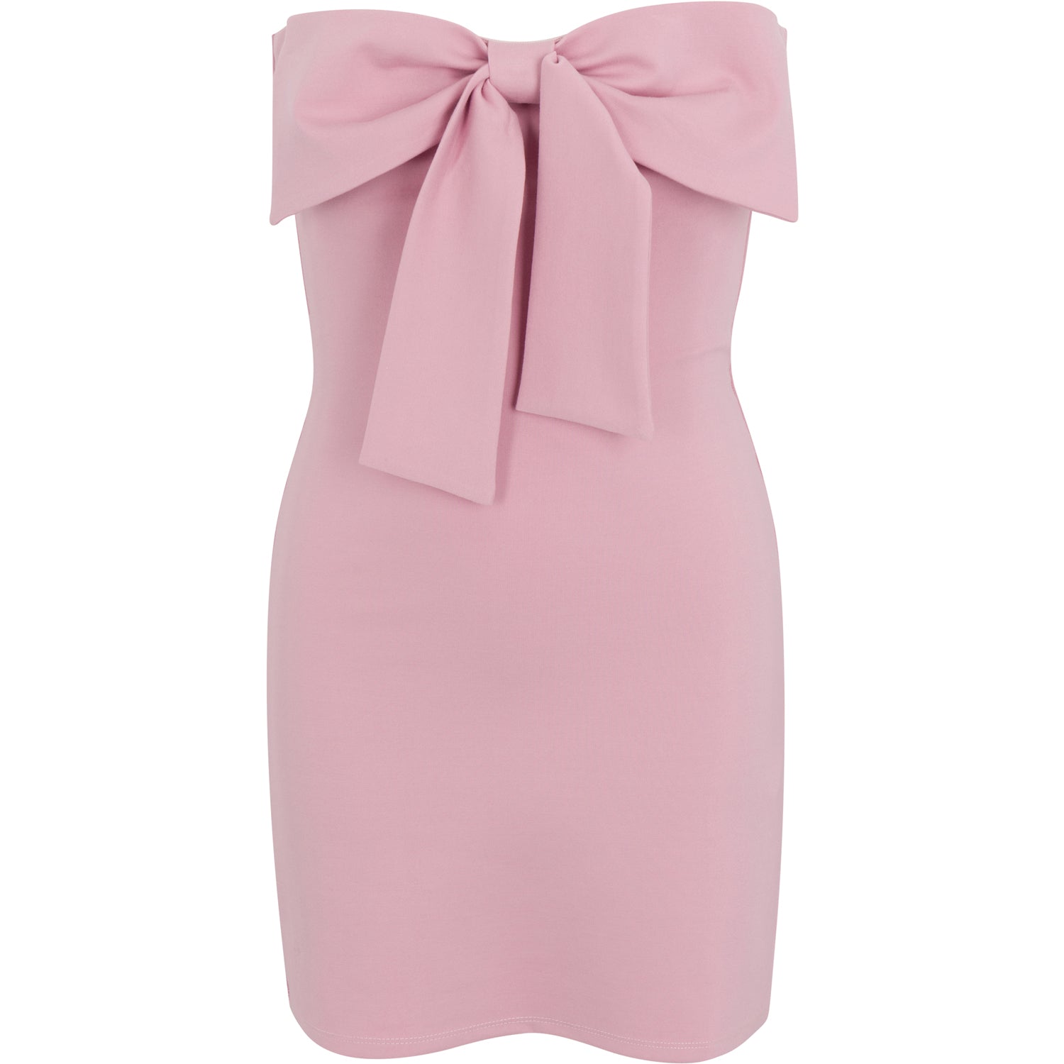 Pink strapless mini dress with a bow detail at the bust.