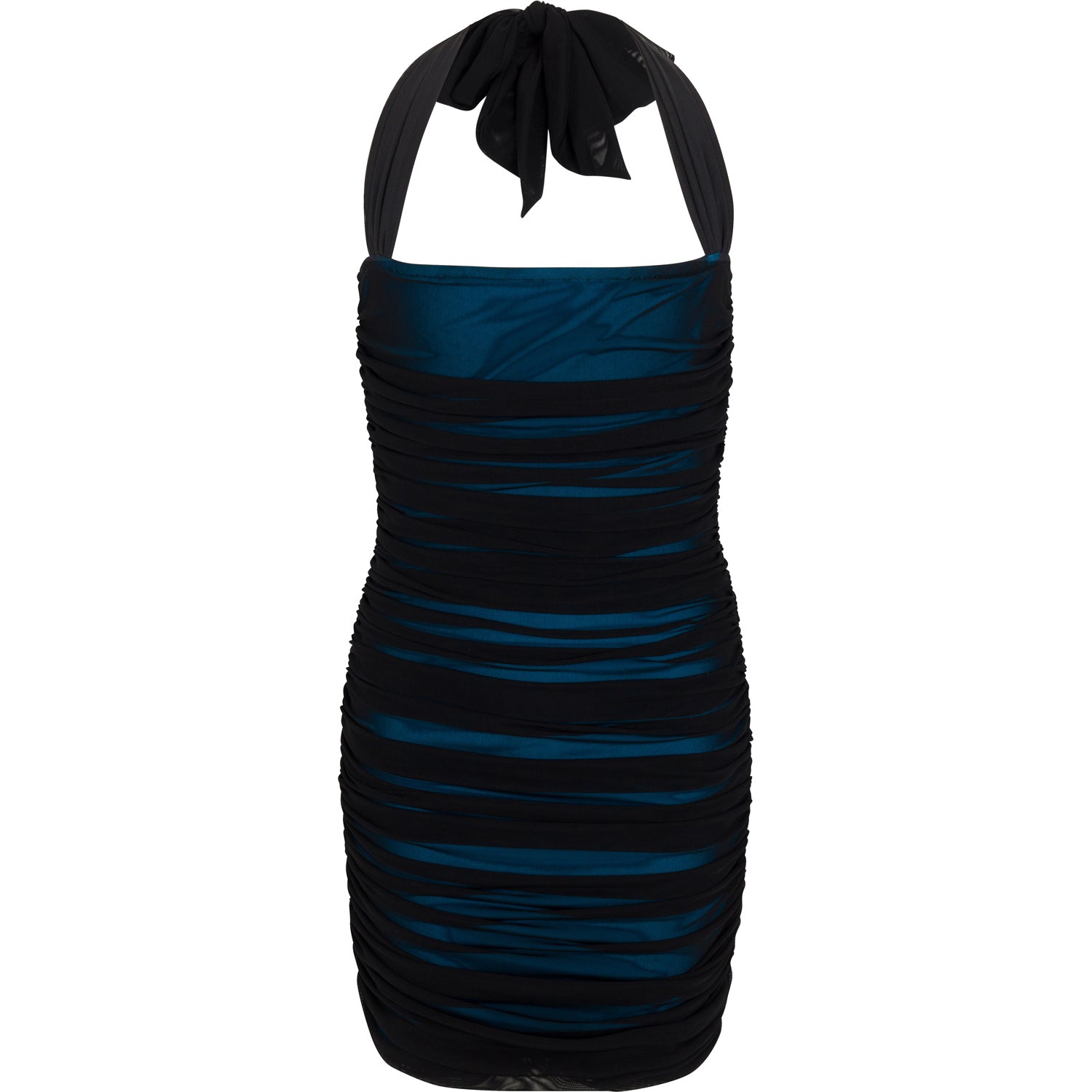 A halter neck, blue and black mesh dress with a bow at the neck and ruching detail.