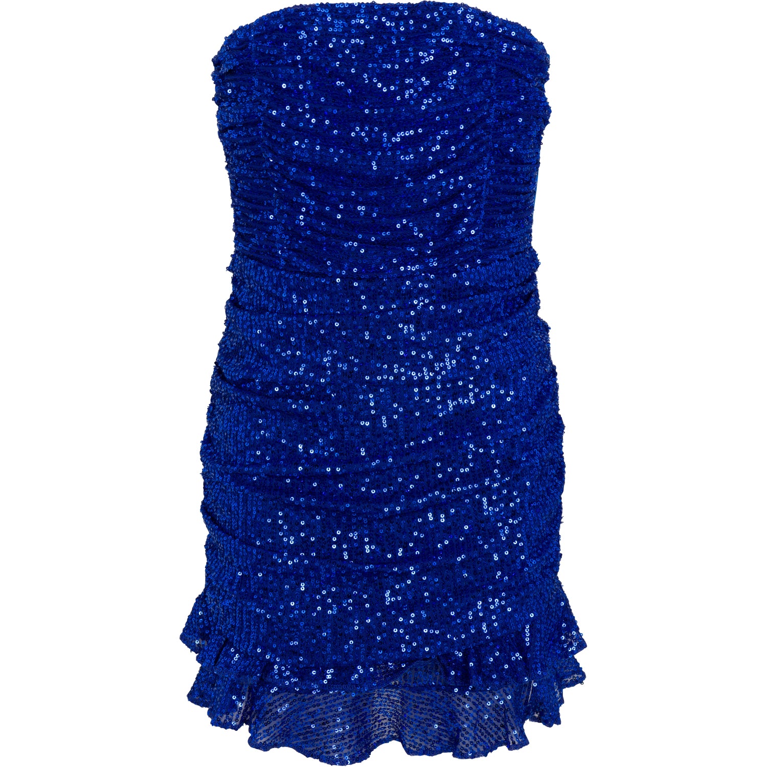 Blue sleeveless mini dress with sequins, a ruched design, and a flirty ruffle hem. The dress features a capri blue color and a tie-back detail at the neck.