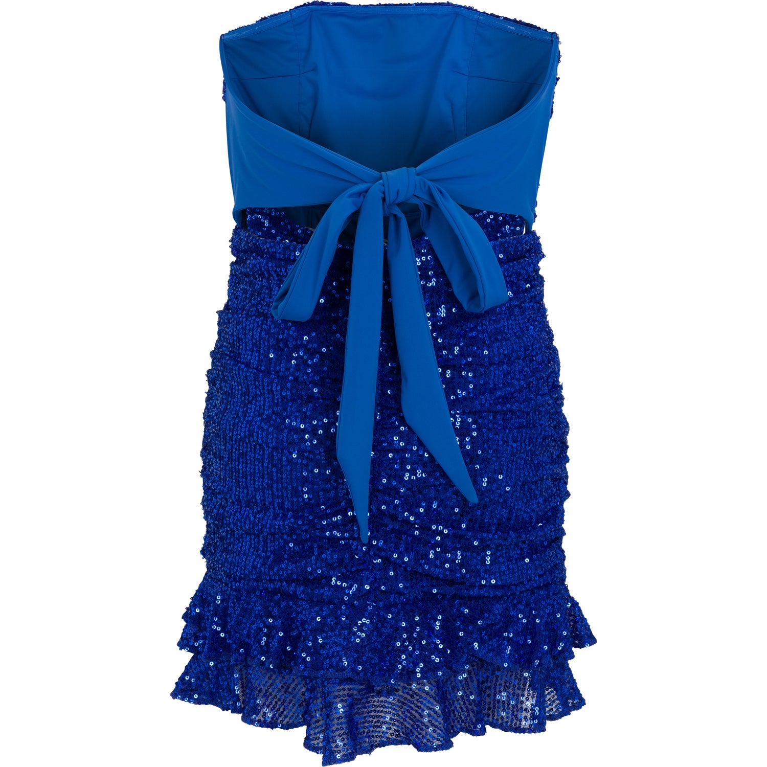 Blue sleeveless mini dress with sequins, a ruched design, and a flirty ruffle hem. The dress features a capri blue color and a tie-back detail at the neck.