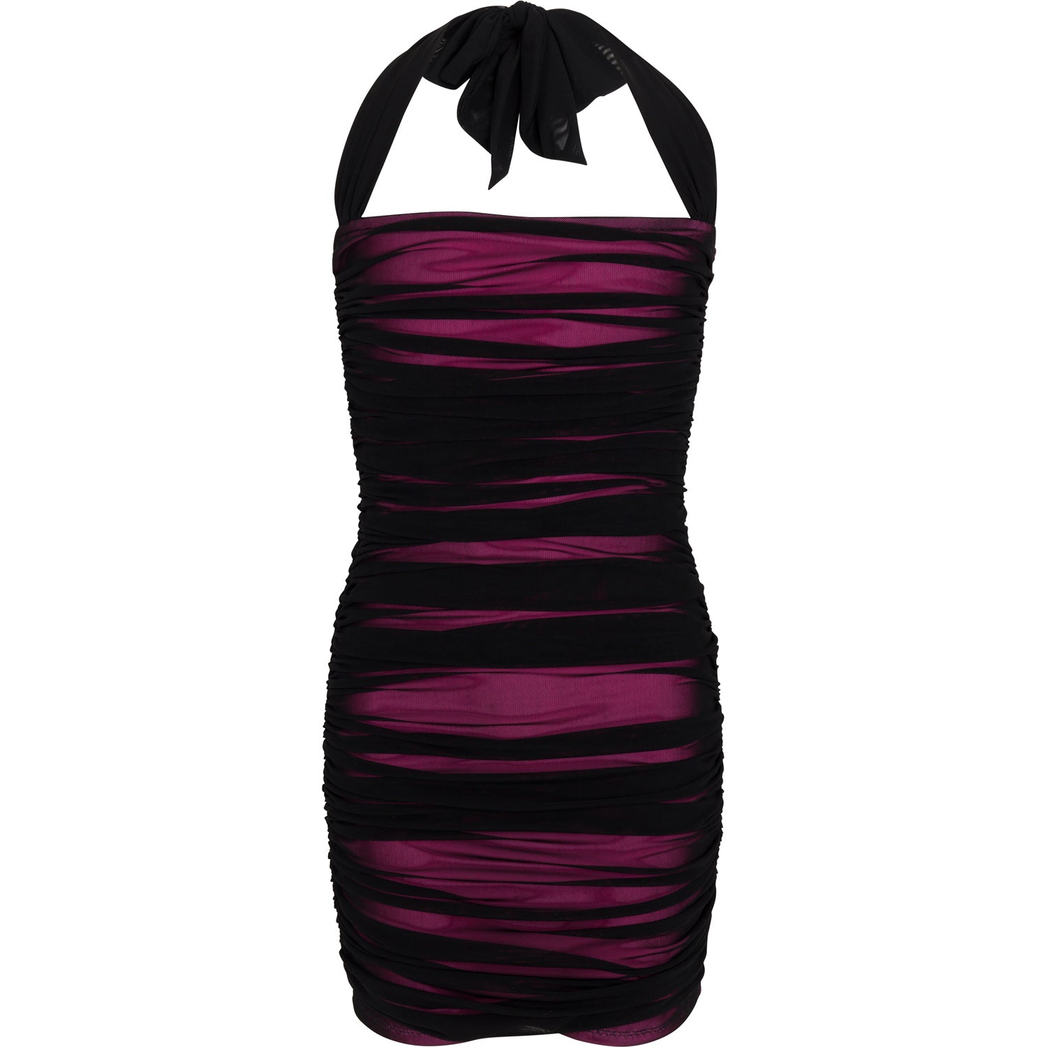 Black mesh halter dress with vibrant pink lining and ruching details