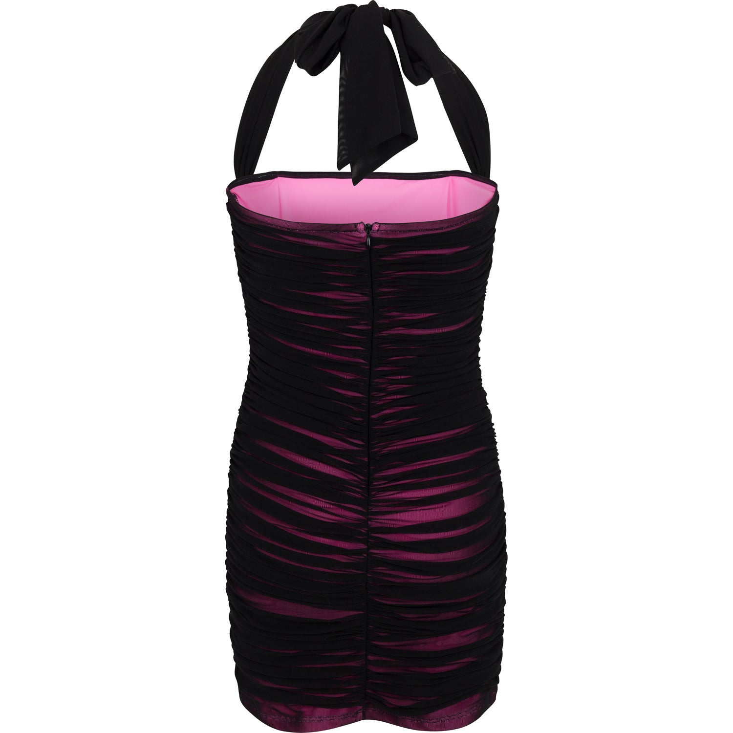 Black mesh halter dress with vibrant pink lining and ruching details