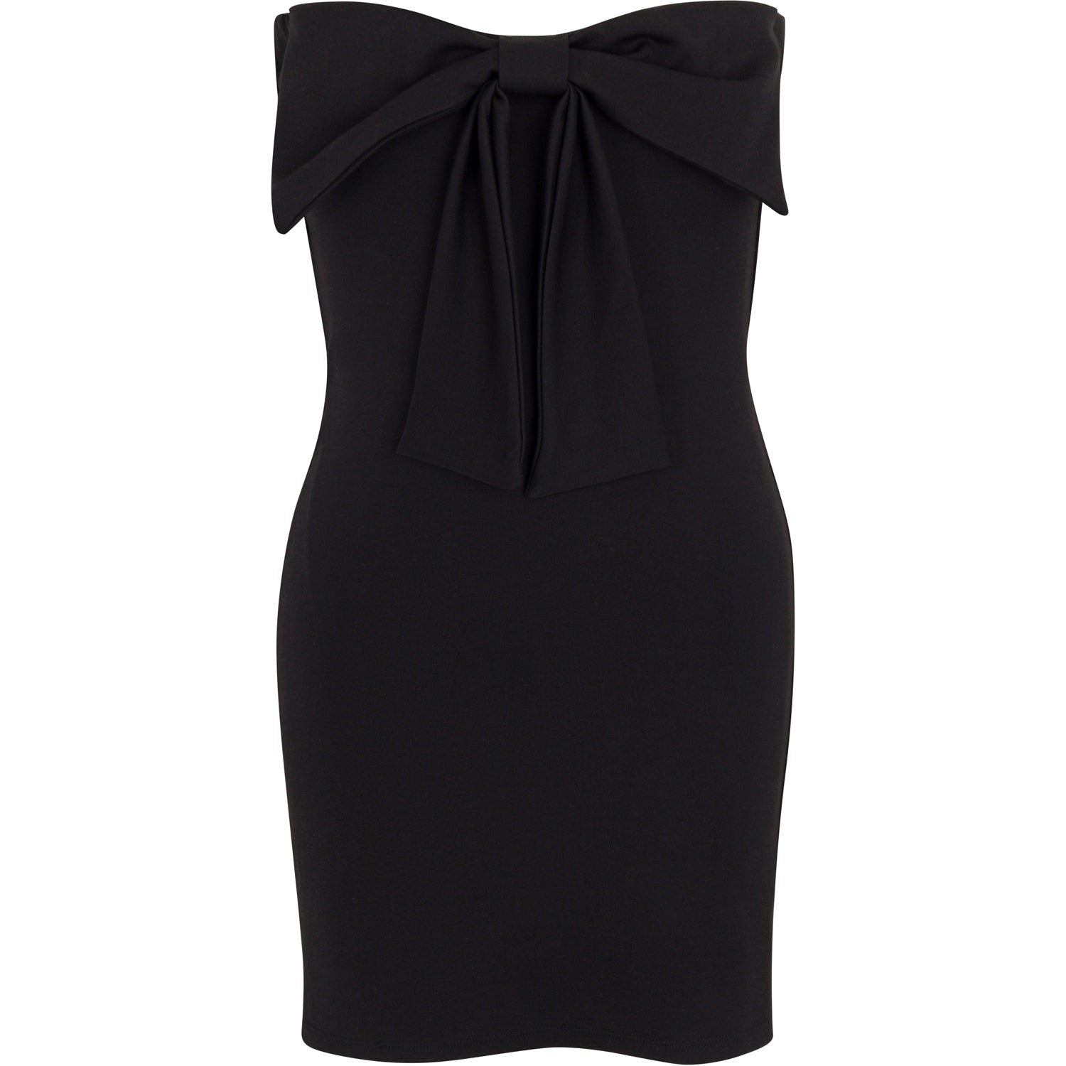 Black strapless dress with a bow at the chest.