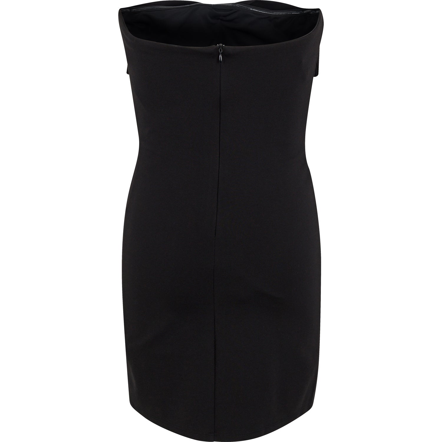 Black strapless dress with a bow at the chest.