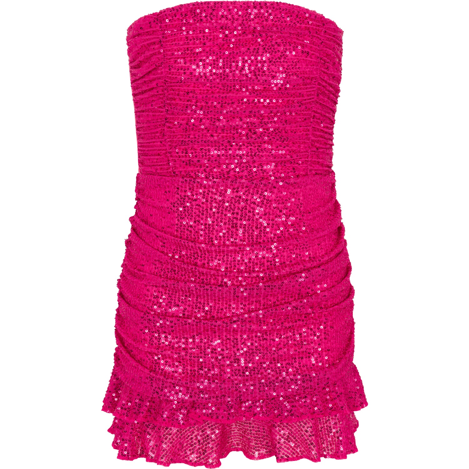 Pink strapless dress with sequin embellishments on a white background