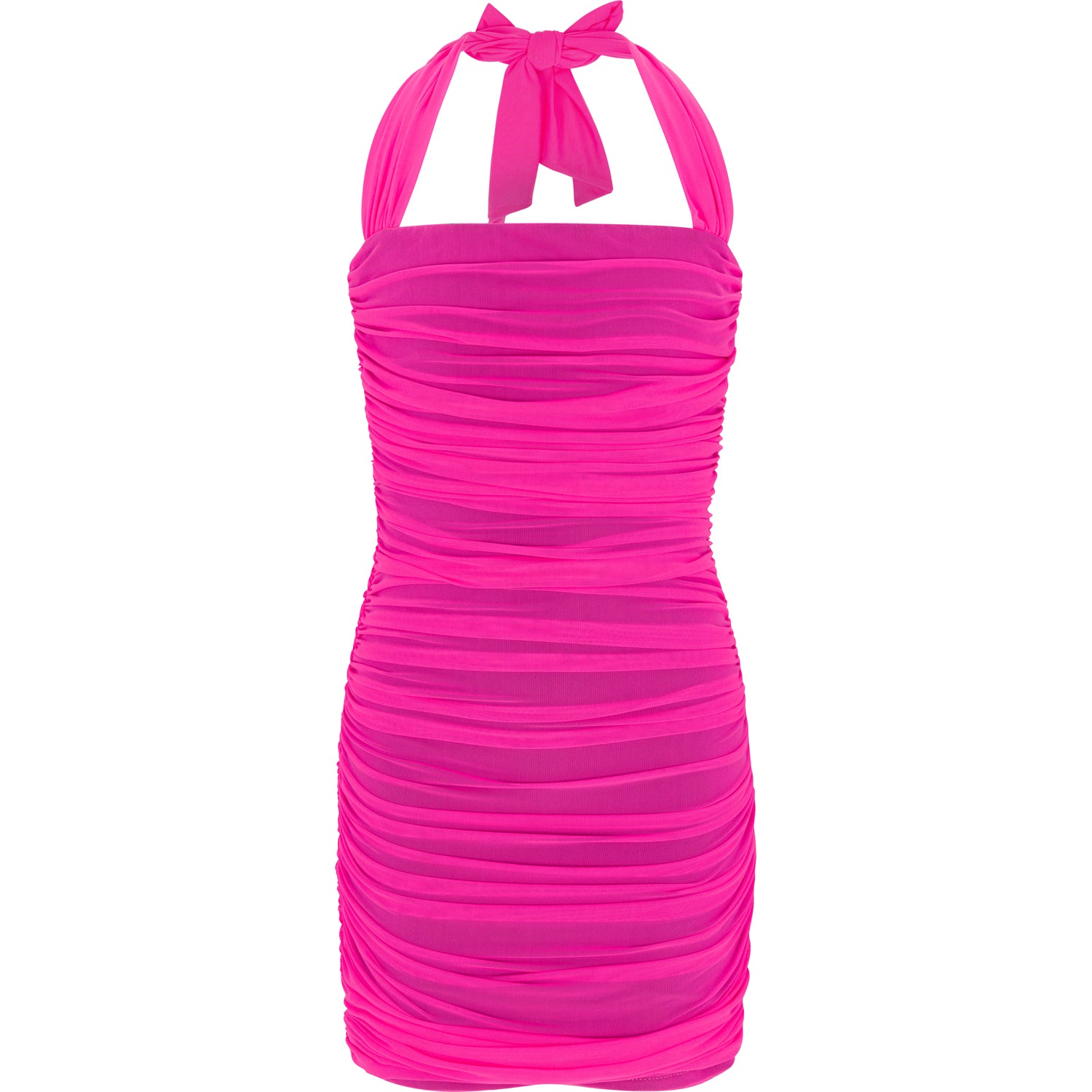 Pink halter neck dress with ruched design on a white background