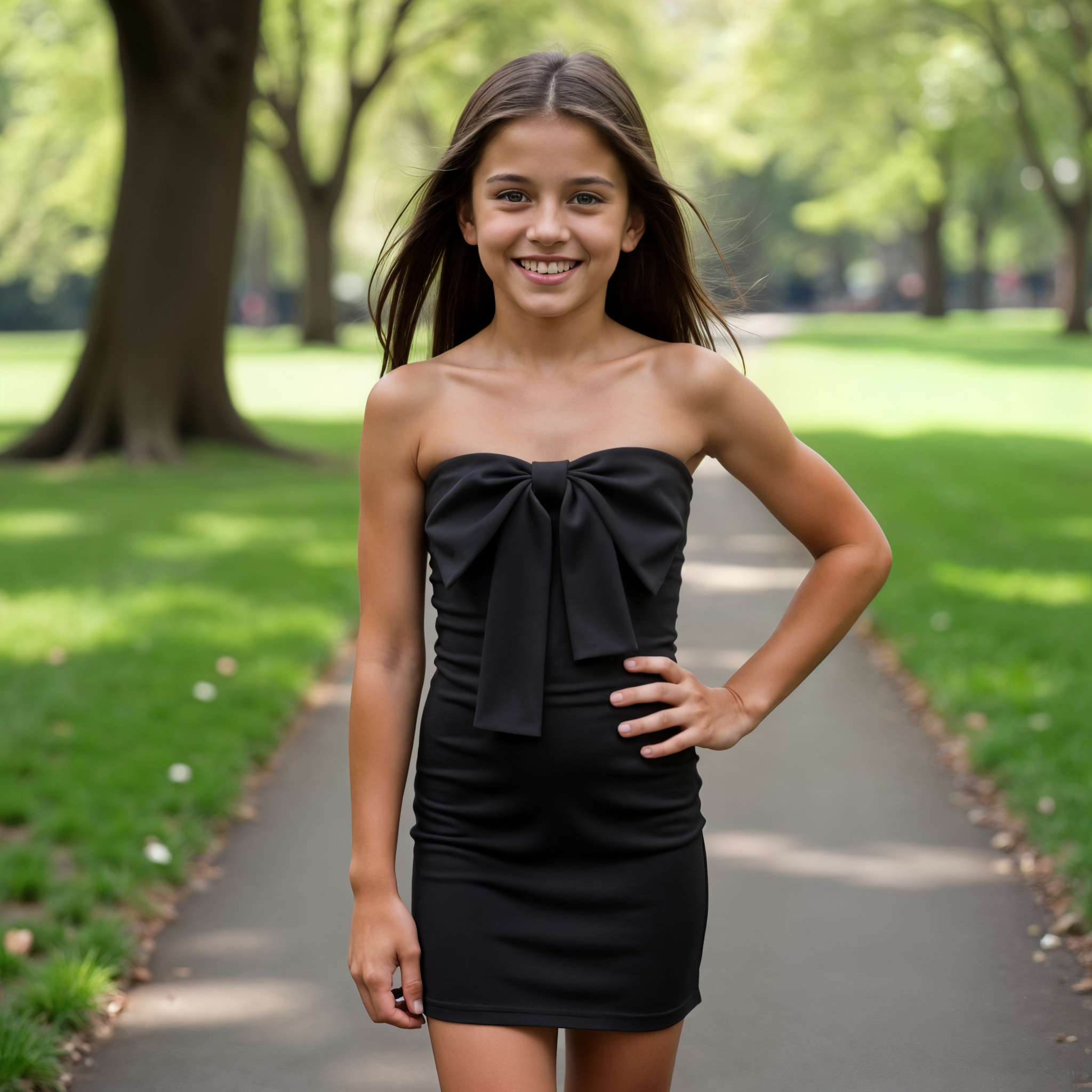 A young girl wearing a black strapless dress with a bow at the chest, standing in a park setting.
