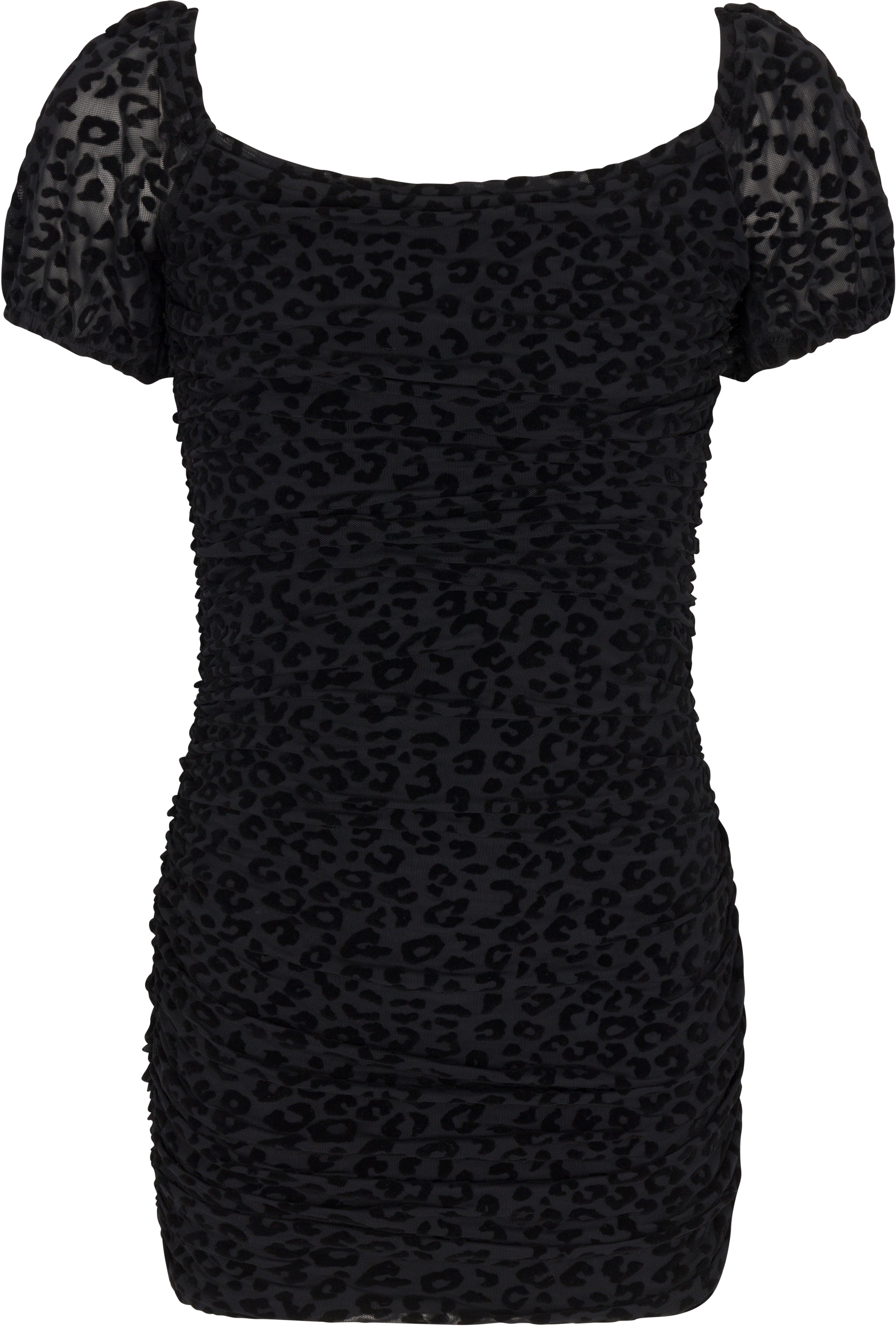 black dress with a square neckline against a white background