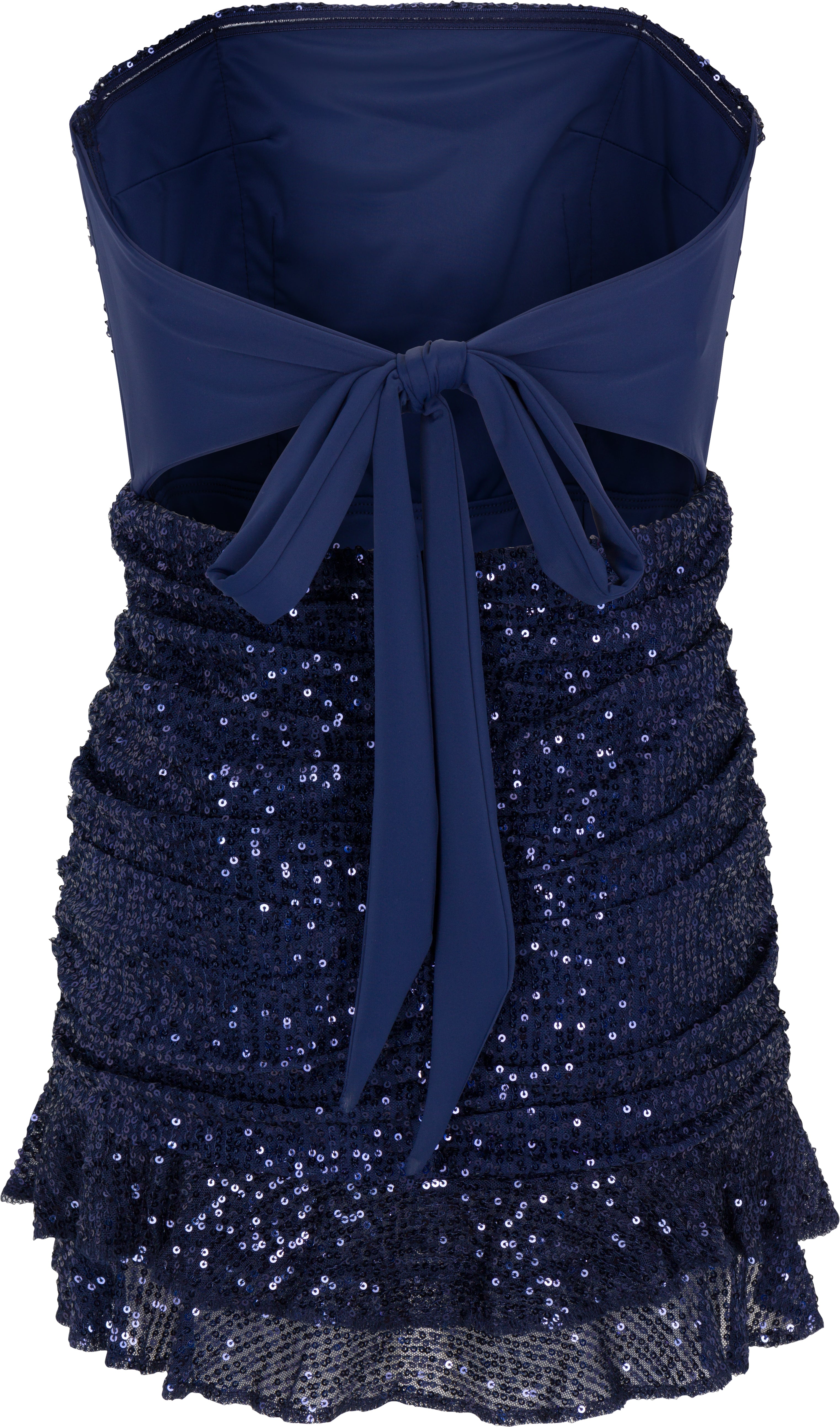 Navy blue strapless dress with sequin skirt and bow detail on a white background
