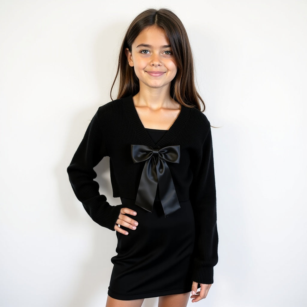 Young girl wearing a black dress with a large bow on a white background