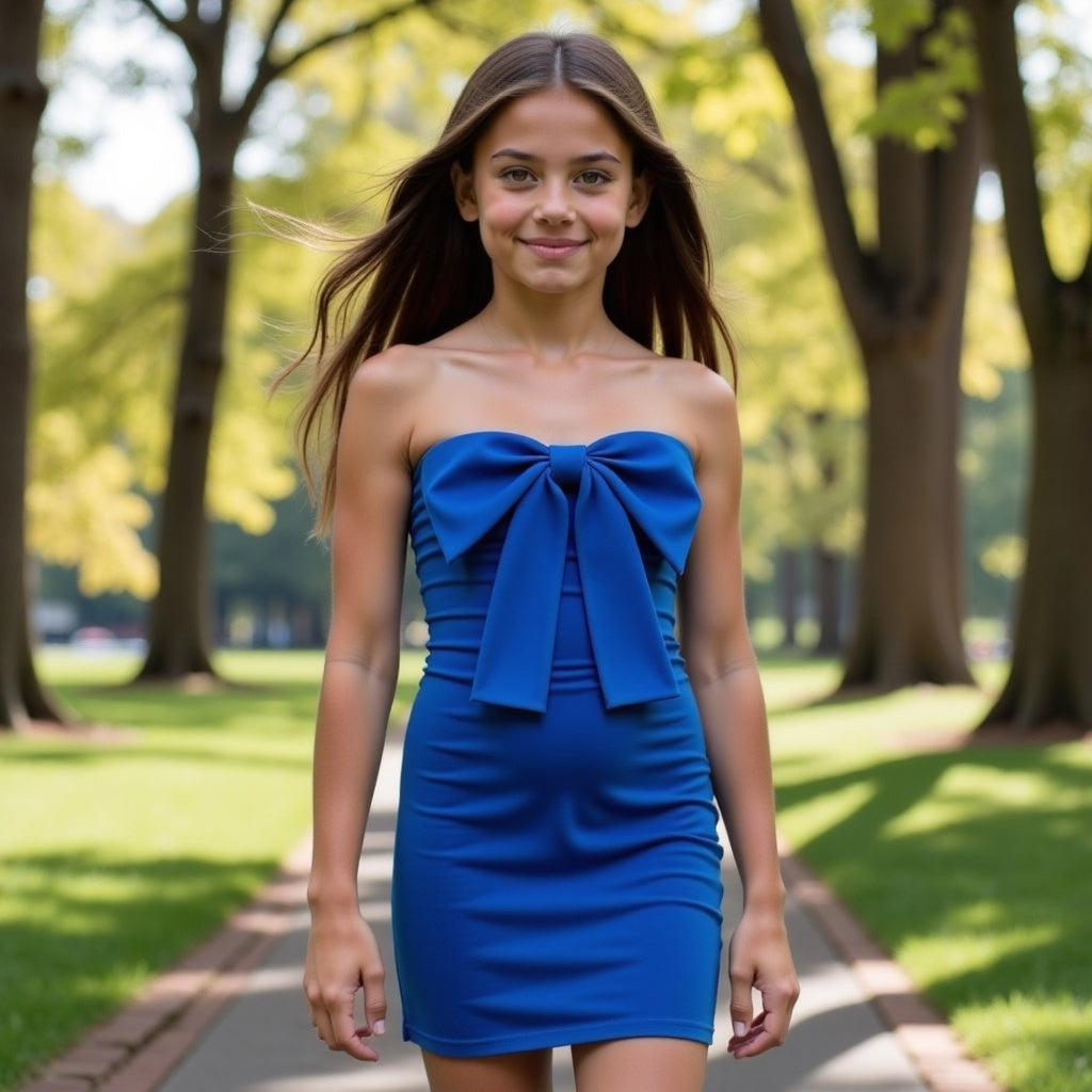 Woman in a blue strapless dress with a large bow standing in a park.