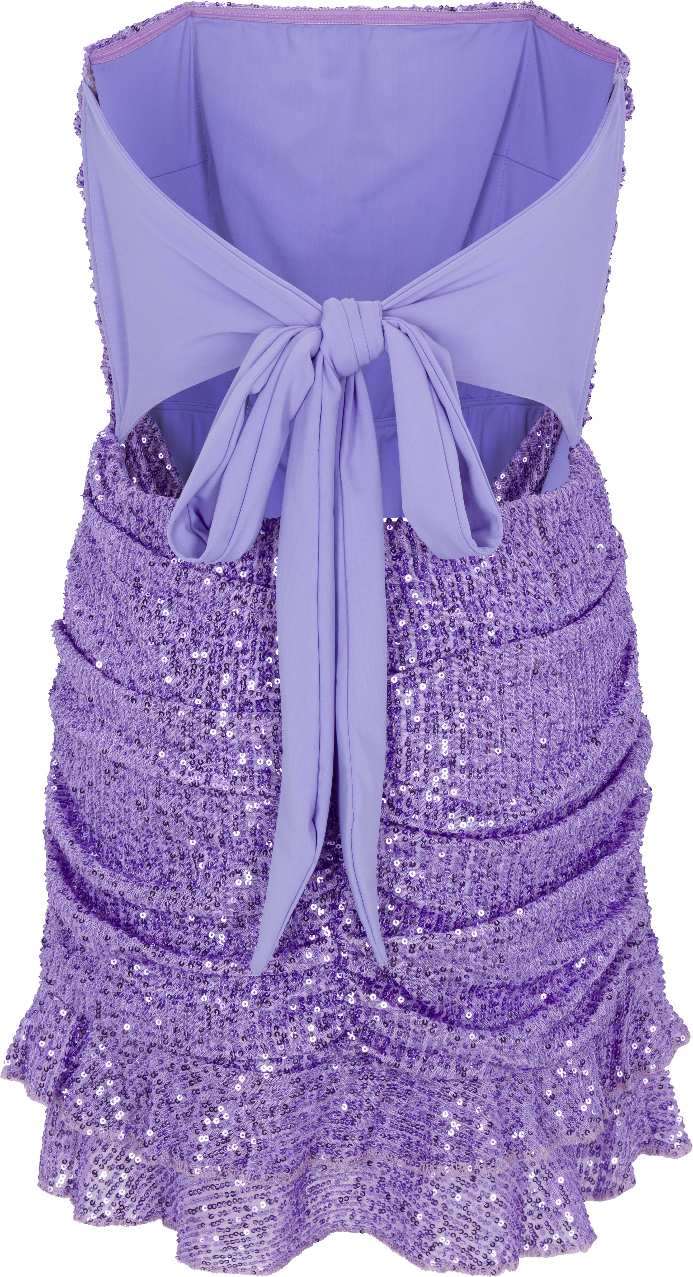 Purple sequin dress with a bow on a white background